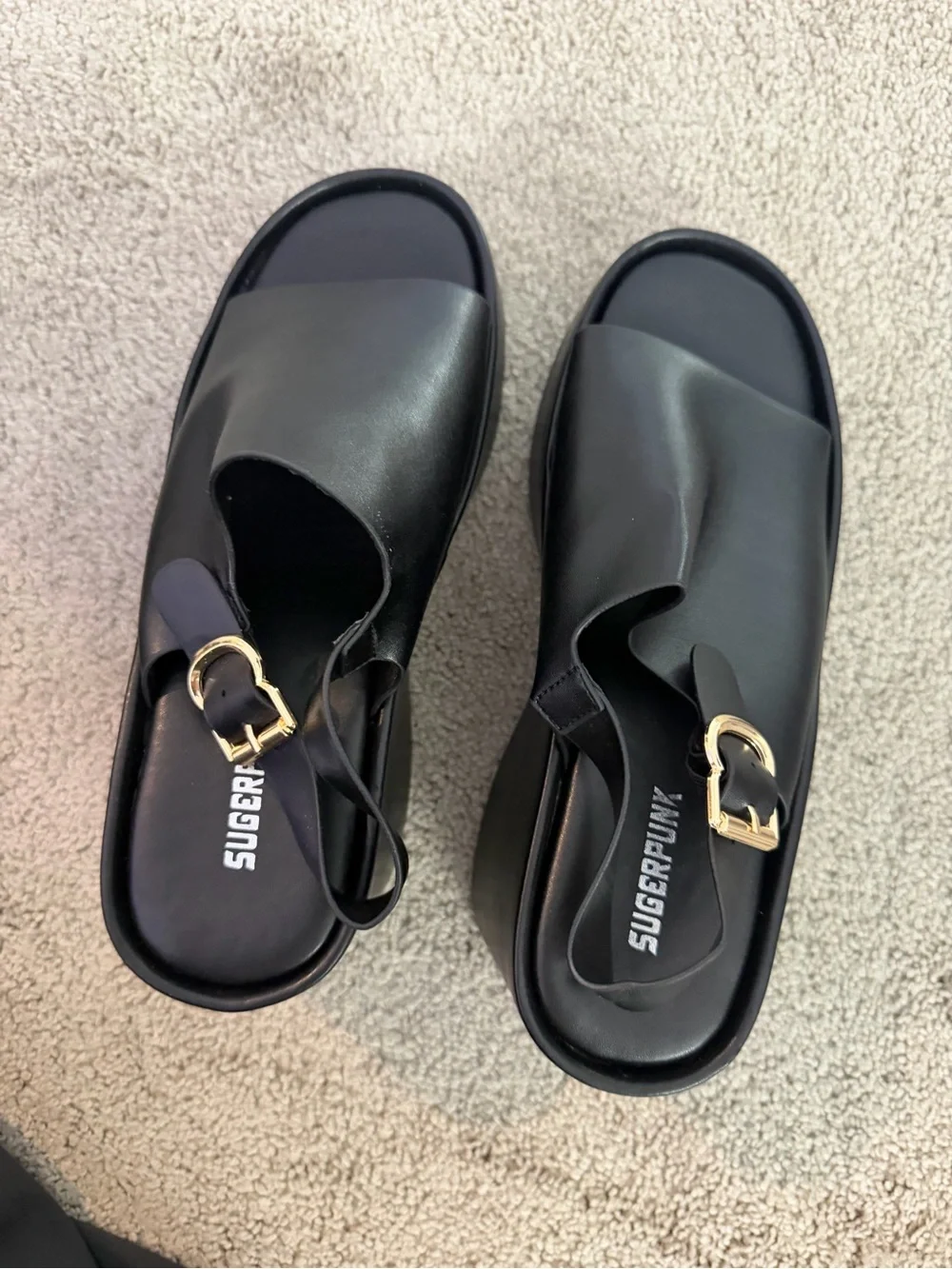 Sugar Black Leather Platform Mules with Gold Buckle